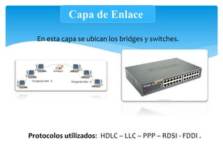 Capa de Enlace
En esta capa se ubican los bridges y switches.
Protocolos utilizados: HDLC – LLC – PPP – RDSI - FDDI .
 