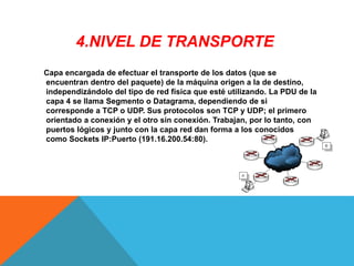 4.NIVEL DE TRANSPORTE
Capa encargada de efectuar el transporte de los datos (que se
encuentran dentro del paquete) de la máquina origen a la de destino,
independizándolo del tipo de red física que esté utilizando. La PDU de la
capa 4 se llama Segmento o Datagrama, dependiendo de si
corresponde a TCP o UDP. Sus protocolos son TCP y UDP; el primero
orientado a conexión y el otro sin conexión. Trabajan, por lo tanto, con
puertos lógicos y junto con la capa red dan forma a los conocidos
como Sockets IP:Puerto (191.16.200.54:80).
 