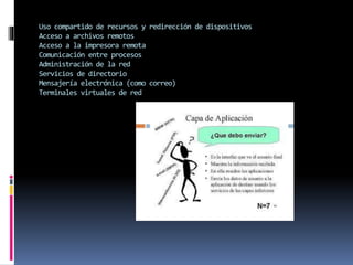 Uso compartido de recursos y redirección de dispositivos
Acceso a archivos remotos
Acceso a la impresora remota
Comunicación entre procesos
Administración de la red
Servicios de directorio
Mensajería electrónica (como correo)
Terminales virtuales de red
 