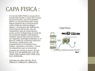 CAPA FISICA :
• El nivel de CAPA FÍSICA se ocupa de la
transmisión de bits a través de un canal
de comunicación, así como también
define sus características (del canal).
Regula aspectos de la comunicación
como el tipo de señal (analógica,
digital,..), el esquema de codificación,
sincronización de los bits, tipo de
modulación, tipo de enlace (punto-
punto, punto-multippunto), el modo de
comunicación (dúplex, half-dúplex o
símplex), tasa de bits (número de bits
por segundo), topología empleada, y, en
general, todas las cuestiones eléctricas,
mecánicas, señalización y de
procedimiento en la interfaz física
(cables, conectores, enchufes,...) entre
los dispositivos que se comunican.
• Ejemplos de interfaces físicas: RS-232
(V.24), X.21, RS-449/RS-422, V.35, RS-
15%0, USB, FireWire (IEEE 1394), SCSI,
RJ11, RJ45/RJ48,...
• Ejemplos de cables: RG-3%, RG-6,
10BaseCX, 100BaseTX, 100BaseFX,...
 