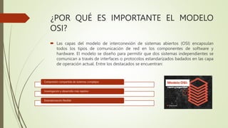 ¿POR QUÉ ES IMPORTANTE EL MODELO
OSI?
 Las capas del modelo de interconexión de sistemas abiertos (OSI) encapsulan
todos los tipos de comunicación de red en los componentes de software y
hardware. El modelo se diseño para permitir que dos sistemas independientes se
comunican a través de interfaces o protocolos estandarizados badados en las capa
de operación actual. Entre los destacados se encuentran:
Compresión compartida de sistemas complejos
Investigación y desarrollo más rápidos
Estandarización flexible
 