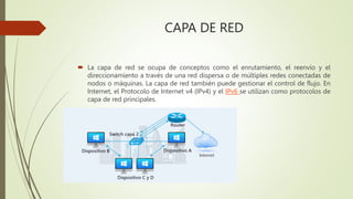 CAPA DE RED
 La capa de red se ocupa de conceptos como el enrutamiento, el reenvío y el
direccionamiento a través de una red dispersa o de múltiples redes conectadas de
nodos o máquinas. La capa de red también puede gestionar el control de flujo. En
Internet, el Protocolo de Internet v4 (IPv4) y el IPv6 se utilizan como protocolos de
capa de red principales.
 