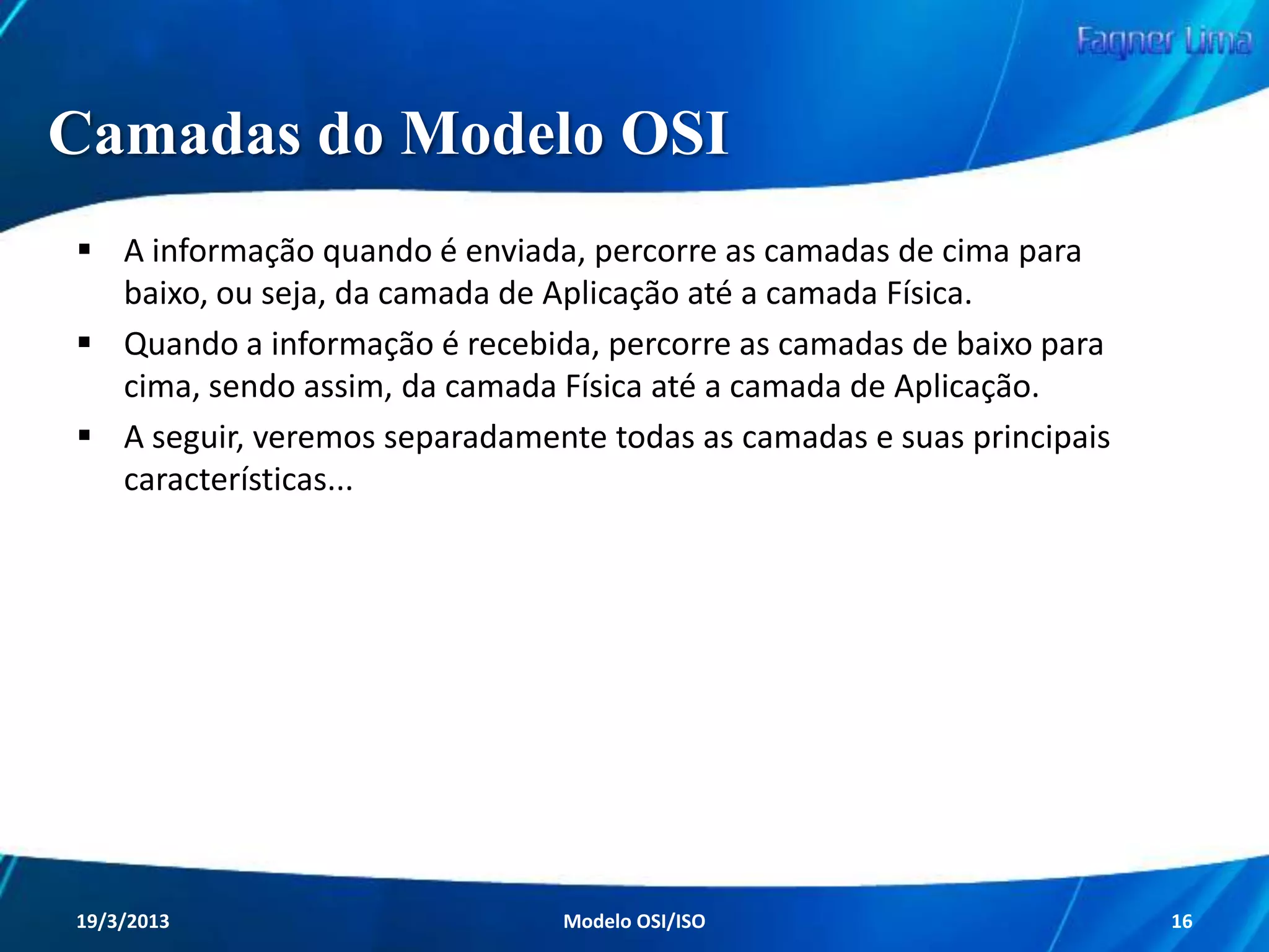Redes de Computadores
Modelo de Referência OSI/ISO
Camadas do Modelo OSI

Redes de Computadores - Modelo de Referência OSI/ISO

16

 