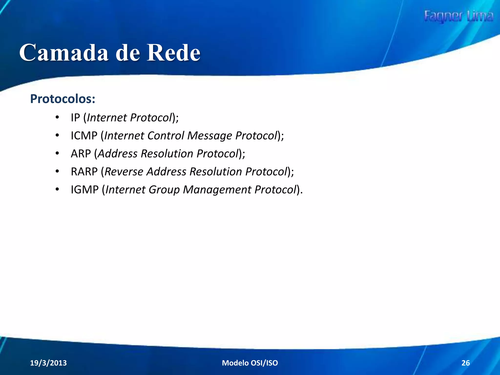 Camada Física
Dispositivos
 Cabos de cobre e Fibra óptica;
 Hubs e Repetidores;
 Interfaces seriais.

Redes de Computadores - Modelo de Referência OSI/ISO

26

 