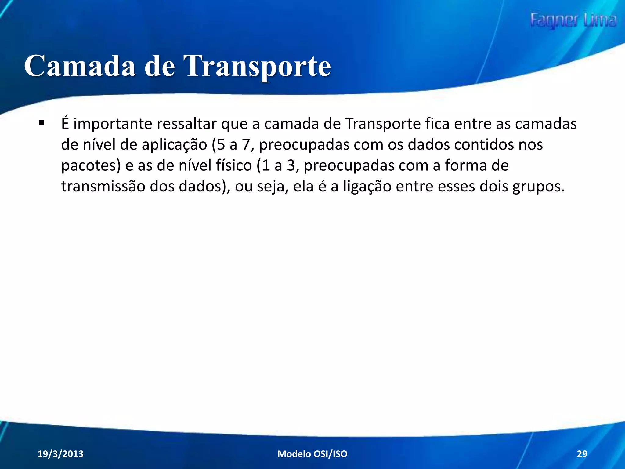 Camada Enlace
Sincronização entre receptor e transmissor

Detecção e correção de erros
Formatação e segmentação de dados

Gerenciamento de transmissões (simplex ou duplex)
Controle de acesso a um canal compartilhado

Redes de Computadores - Modelo de Referência OSI/ISO

29

 