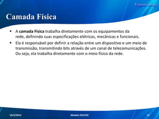 Camadas do Modelo OSI
Como citado anteriormente, o processo de envio
e recebimento de dados foi padronizado, e com
isso o caminho percorrido pelos dados passou a
ser comum para todas as redes.

A ISO desenvolveu um Modelo de Referência
Básico, conhecido por apresentar as sete
camadas características do Modelo OSI.
Redes de Computadores - Modelo de Referência OSI/ISO

17

 