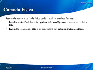 Camadas do Modelo OSI

As sete camadas do Modelo OSI representam
o caminho a ser percorrido pelos dados.

Redes de Computadores - Modelo de Referência OSI/ISO

18

 