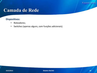 Camada Física
Resumidamente, a camada Física pode
trabalhar de duas formas:
Recebimento
Ela irá receber pulsos elétricos/ópticos, e os
converterá em bits.
Envio
Ela irá receber bits, e os converterá em pulsos
elétricos/ópticos.
Redes de Computadores - Modelo de Referência OSI/ISO

25

 