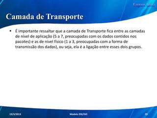Camada Enlace
Sincronização entre receptor e transmissor

Detecção e correção de erros
Formatação e segmentação de dados

Gerenciamento de transmissões (simplex ou duplex)
Controle de acesso a um canal compartilhado

Redes de Computadores - Modelo de Referência OSI/ISO

29

 
