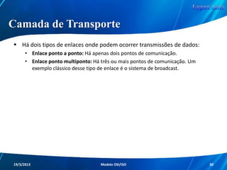Camada Enlace
Esta camada é subdividida em outras duas

LLC (Link Logical Control)

MAC (Media Access Control)
Redes de Computadores - Modelo de Referência OSI/ISO

30

 
