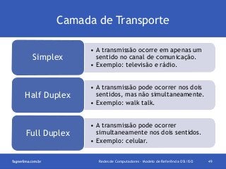 Camada de Transporte
Simplex

• A transmissão ocorre em apenas um
sentido no canal de comunicação.
• Exemplo: televisão e rádio.

Half Duplex

• A transmissão pode ocorrer nos dois
sentidos, mas não simultaneamente.
• Exemplo: walk talk.

Full Duplex

• A transmissão pode ocorrer
simultaneamente nos dois sentidos.
• Exemplo: celular.
Redes de Computadores - Modelo de Referência OSI/ISO

49

 