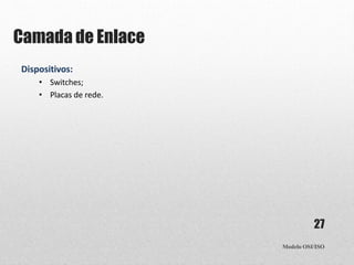 Camada de Enlace
Modelo OSI/ISO
27
Dispositivos:
• Switches;
• Placas de rede.
 