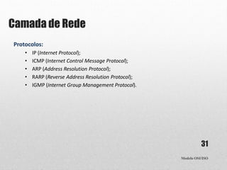 Camada de Rede
Modelo OSI/ISO
31
Protocolos:
• IP (Internet Protocol);
• ICMP (Internet Control Message Protocol);
• ARP (Address Resolution Protocol);
• RARP (Reverse Address Resolution Protocol);
• IGMP (Internet Group Management Protocol).
 