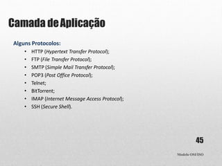 Camada deAplicação
Modelo OSI/ISO
45
Alguns Protocolos:
• HTTP (Hypertext Transfer Protocol);
• FTP (File Transfer Protocol);
• SMTP (Simple Mail Transfer Protocol);
• POP3 (Post Office Protocol);
• Telnet;
• BitTorrent;
• IMAP (Internet Message Access Protocol);
• SSH (Secure Shell).
 