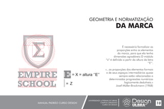 UNIVERSIDADE LUTERANA DO BRASIL
CAMPUS CARAZINHO
CURSO DE DESIGN
MANUAL PADRÃO CURSO DESIGN 18
GEOMETRIA E NORMATIZAÇÃO
DA MARCA
É necessário formalizar as
proporções entre os elementos
da marca, para que ela tenha
dimensões agradáveis.O módulo
“x” é definido a partir da altura da letra
‘’E’’.
«...as proporções dos elementos formais
e de seus espaços intermediários quase
sempre estão relacionadas a
determinadas progressões numéricas
logicamente dedutíveis.»
Josef Müller-Brockmann (1968)
= X = altura ‘’E’’
= Z
 