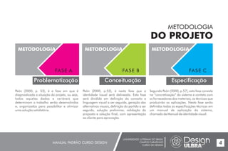 UNIVERSIDADE LUTERANA DO BRASIL
CAMPUS CARAZINHO
CURSO DE DESIGN
MANUAL PADRÃO CURSO DESIGN 4
METODOLOGIA
DO PROJETO
Problematização
METODOLOGIA
FASE A
METODOLOGIA
FASE B
Conceituação
METODOLOGIA
FASE C
Especificação
Peón (2000, p. 53), é a fase em que é
diagnosticada a situação do projeto, ou seja,
todos aqueles dados e variáveis que
determinam o trabalho serão desenvolvidos
e, organizados para possibilitar e otimizar
uma solução satisfatória.
Peón (2000, p.53), é nesta fase que a
identidade visual será delineada. Esta fase
será dividida em definição do conceito e
linguagem visual a ser seguida, geração das
alternativas visuais, definição do partido a ser
seguido, solução preliminar, validação da
proposta e solução final, com apresentação
ao cliente para aprovação.
Segundo Peón (2000, p.57), esta fase consiste
na “concretização” do sistema e contato com
os fornecedores dos materiais, os técnicos que
produzirão as aplicações. Nesta fase serão
definidas todas as especificações técnicas em
um manual de aplicação do sistema,
chamado de Manual de identidade visual.
 