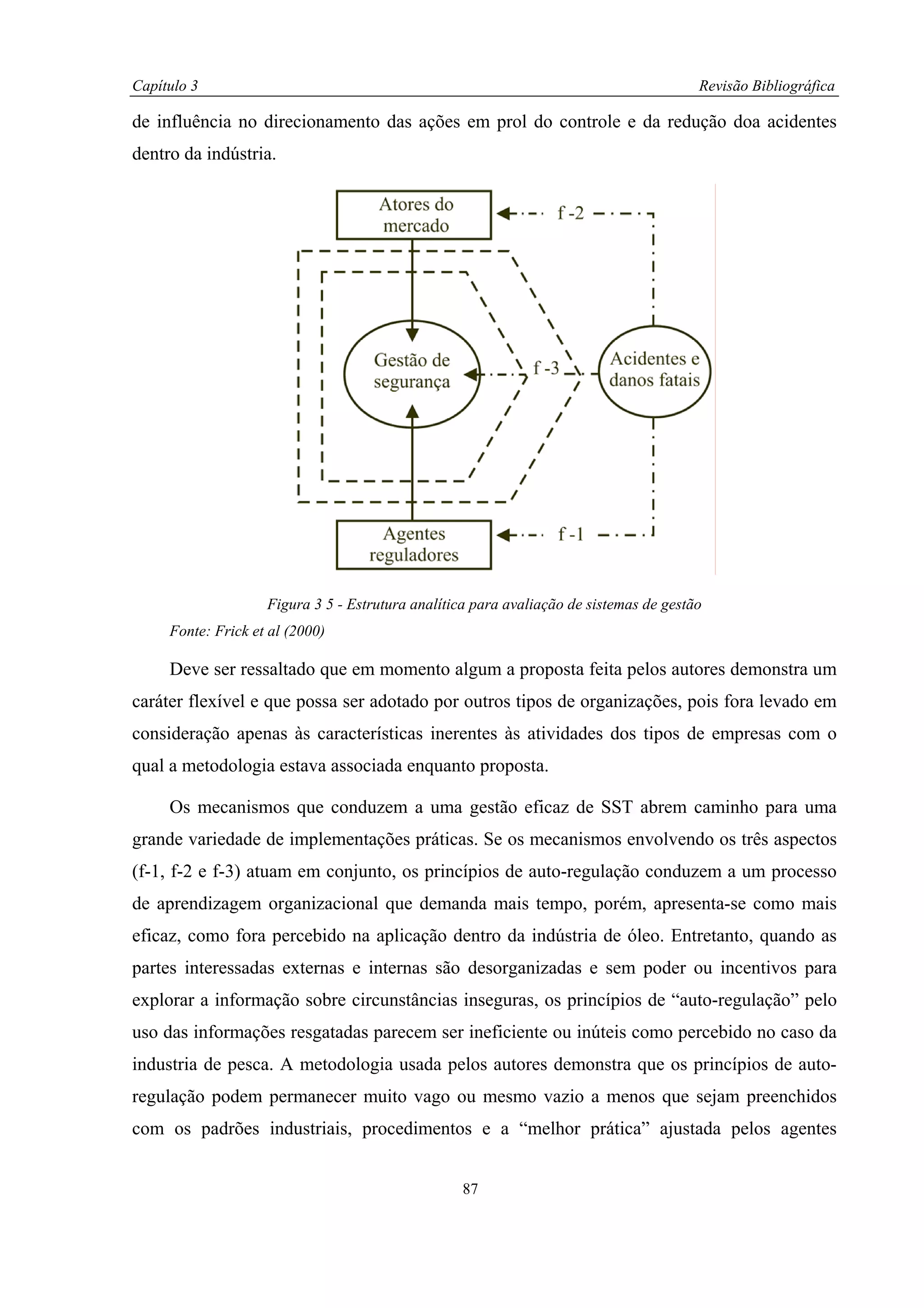 Capítulo 3                                                                              Revisão Bibliográfica

de influência no direcionamento das ações em prol do controle e da redução doa acidentes
dentro da indústria.




                    Figura 3 5 - Estrutura analítica para avaliação de sistemas de gestão
     Fonte: Frick et al (2000)

     Deve ser ressaltado que em momento algum a proposta feita pelos autores demonstra um
caráter flexível e que possa ser adotado por outros tipos de organizações, pois fora levado em
consideração apenas às características inerentes às atividades dos tipos de empresas com o
qual a metodologia estava associada enquanto proposta.

     Os mecanismos que conduzem a uma gestão eficaz de SST abrem caminho para uma
grande variedade de implementações práticas. Se os mecanismos envolvendo os três aspectos
(f-1, f-2 e f-3) atuam em conjunto, os princípios de auto-regulação conduzem a um processo
de aprendizagem organizacional que demanda mais tempo, porém, apresenta-se como mais
eficaz, como fora percebido na aplicação dentro da indústria de óleo. Entretanto, quando as
partes interessadas externas e internas são desorganizadas e sem poder ou incentivos para
explorar a informação sobre circunstâncias inseguras, os princípios de “auto-regulação” pelo
uso das informações resgatadas parecem ser ineficiente ou inúteis como percebido no caso da
industria de pesca. A metodologia usada pelos autores demonstra que os princípios de auto-
regulação podem permanecer muito vago ou mesmo vazio a menos que sejam preenchidos
com os padrões industriais, procedimentos e a “melhor prática” ajustada pelos agentes


                                                   87
 