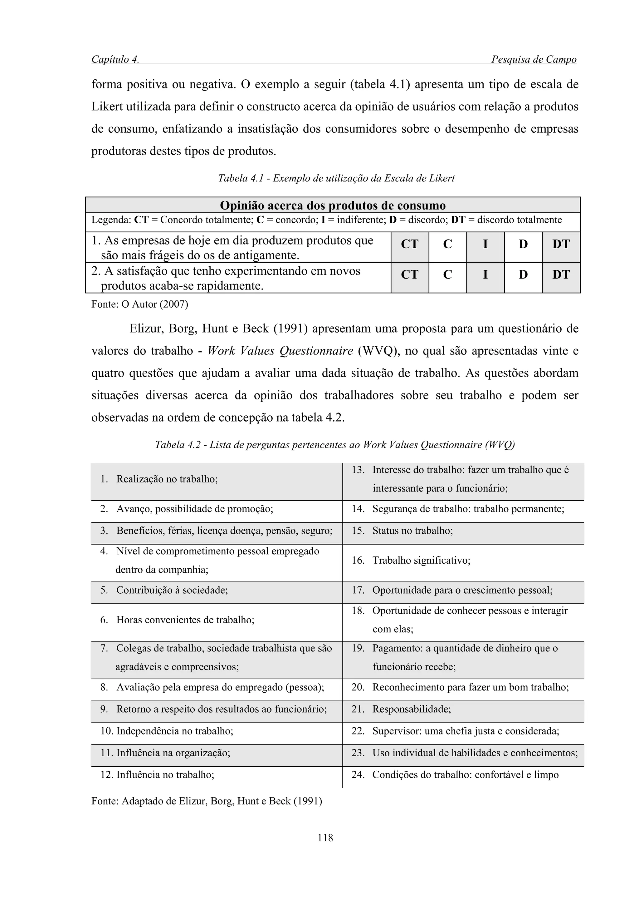 Capítulo 4.                                                                                      Pesquisa de Campo

forma positiva ou negativa. O exemplo a seguir (tabela 4.1) apresenta um tipo de escala de
Likert utilizada para definir o constructo acerca da opinião de usuários com relação a produtos
de consumo, enfatizando a insatisfação dos consumidores sobre o desempenho de empresas
produtoras destes tipos de produtos.

                                Tabela 4.1 - Exemplo de utilização da Escala de Likert

                                Opinião acerca dos produtos de consumo
Legenda: CT = Concordo totalmente; C = concordo; I = indiferente; D = discordo; DT = discordo totalmente
1. As empresas de hoje em dia produzem produtos que                      CT        C         I        D      DT
  são mais frágeis do os de antigamente.
2. A satisfação que tenho experimentando em novos                        CT        C         I        D      DT
  produtos acaba-se rapidamente.
Fonte: O Autor (2007)

        Elizur, Borg, Hunt e Beck (1991) apresentam uma proposta para um questionário de
valores do trabalho - Work Values Questionnaire (WVQ), no qual são apresentadas vinte e
quatro questões que ajudam a avaliar uma dada situação de trabalho. As questões abordam
situações diversas acerca da opinião dos trabalhadores sobre seu trabalho e podem ser
observadas na ordem de concepção na tabela 4.2.

              Tabela 4.2 - Lista de perguntas pertencentes ao Work Values Questionnaire (WVQ)

                                                              13. Interesse do trabalho: fazer um trabalho que é
  1. Realização no trabalho;
                                                                   interessante para o funcionário;
  2. Avanço, possibilidade de promoção;                       14. Segurança de trabalho: trabalho permanente;

  3. Benefícios, férias, licença doença, pensão, seguro;      15. Status no trabalho;
  4. Nível de comprometimento pessoal empregado
                                                              16. Trabalho significativo;
     dentro da companhia;
  5. Contribuição à sociedade;                                17. Oportunidade para o crescimento pessoal;
                                                              18. Oportunidade de conhecer pessoas e interagir
  6. Horas convenientes de trabalho;
                                                                   com elas;
  7. Colegas de trabalho, sociedade trabalhista que são       19. Pagamento: a quantidade de dinheiro que o
     agradáveis e compreensivos;                                   funcionário recebe;
  8. Avaliação pela empresa do empregado (pessoa);            20. Reconhecimento para fazer um bom trabalho;

  9. Retorno a respeito dos resultados ao funcionário;        21. Responsabilidade;

  10. Independência no trabalho;                              22. Supervisor: uma chefia justa e considerada;

  11. Influência na organização;                              23. Uso individual de habilidades e conhecimentos;

  12. Influência no trabalho;                                 24. Condições do trabalho: confortável e limpo

Fonte: Adaptado de Elizur, Borg, Hunt e Beck (1991)


                                                      118
 