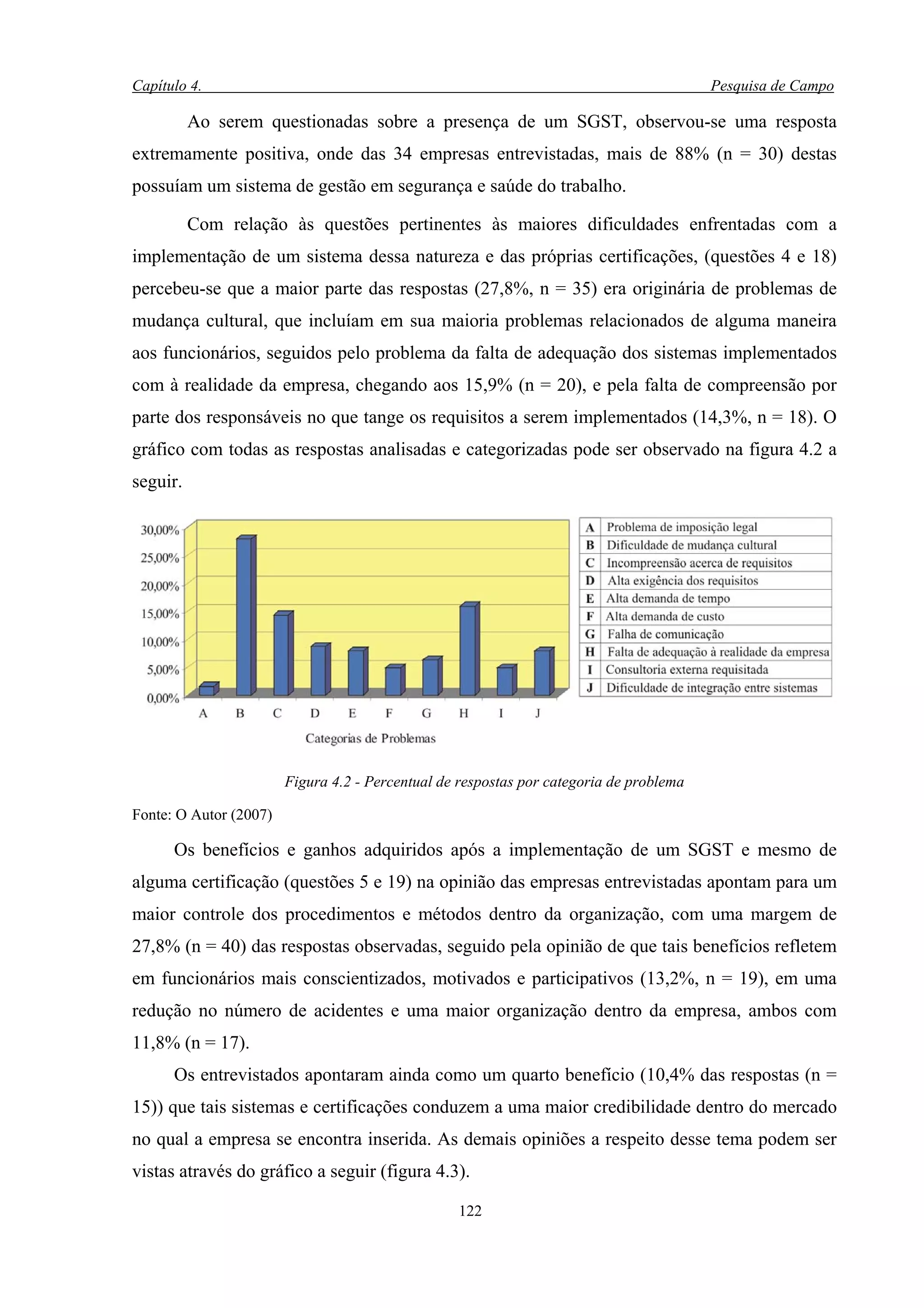 Capítulo 4.                                                                              Pesquisa de Campo

          Ao serem questionadas sobre a presença de um SGST, observou-se uma resposta
extremamente positiva, onde das 34 empresas entrevistadas, mais de 88% (n = 30) destas
possuíam um sistema de gestão em segurança e saúde do trabalho.

          Com relação às questões pertinentes às maiores dificuldades enfrentadas com a
implementação de um sistema dessa natureza e das próprias certificações, (questões 4 e 18)
percebeu-se que a maior parte das respostas (27,8%, n = 35) era originária de problemas de
mudança cultural, que incluíam em sua maioria problemas relacionados de alguma maneira
aos funcionários, seguidos pelo problema da falta de adequação dos sistemas implementados
com à realidade da empresa, chegando aos 15,9% (n = 20), e pela falta de compreensão por
parte dos responsáveis no que tange os requisitos a serem implementados (14,3%, n = 18). O
gráfico com todas as respostas analisadas e categorizadas pode ser observado na figura 4.2 a
seguir.




                        Figura 4.2 - Percentual de respostas por categoria de problema

Fonte: O Autor (2007)

      Os benefícios e ganhos adquiridos após a implementação de um SGST e mesmo de
alguma certificação (questões 5 e 19) na opinião das empresas entrevistadas apontam para um
maior controle dos procedimentos e métodos dentro da organização, com uma margem de
27,8% (n = 40) das respostas observadas, seguido pela opinião de que tais benefícios refletem
em funcionários mais conscientizados, motivados e participativos (13,2%, n = 19), em uma
redução no número de acidentes e uma maior organização dentro da empresa, ambos com
11,8% (n = 17).
      Os entrevistados apontaram ainda como um quarto benefício (10,4% das respostas (n =
15)) que tais sistemas e certificações conduzem a uma maior credibilidade dentro do mercado
no qual a empresa se encontra inserida. As demais opiniões a respeito desse tema podem ser
vistas através do gráfico a seguir (figura 4.3).

                                                   122
 