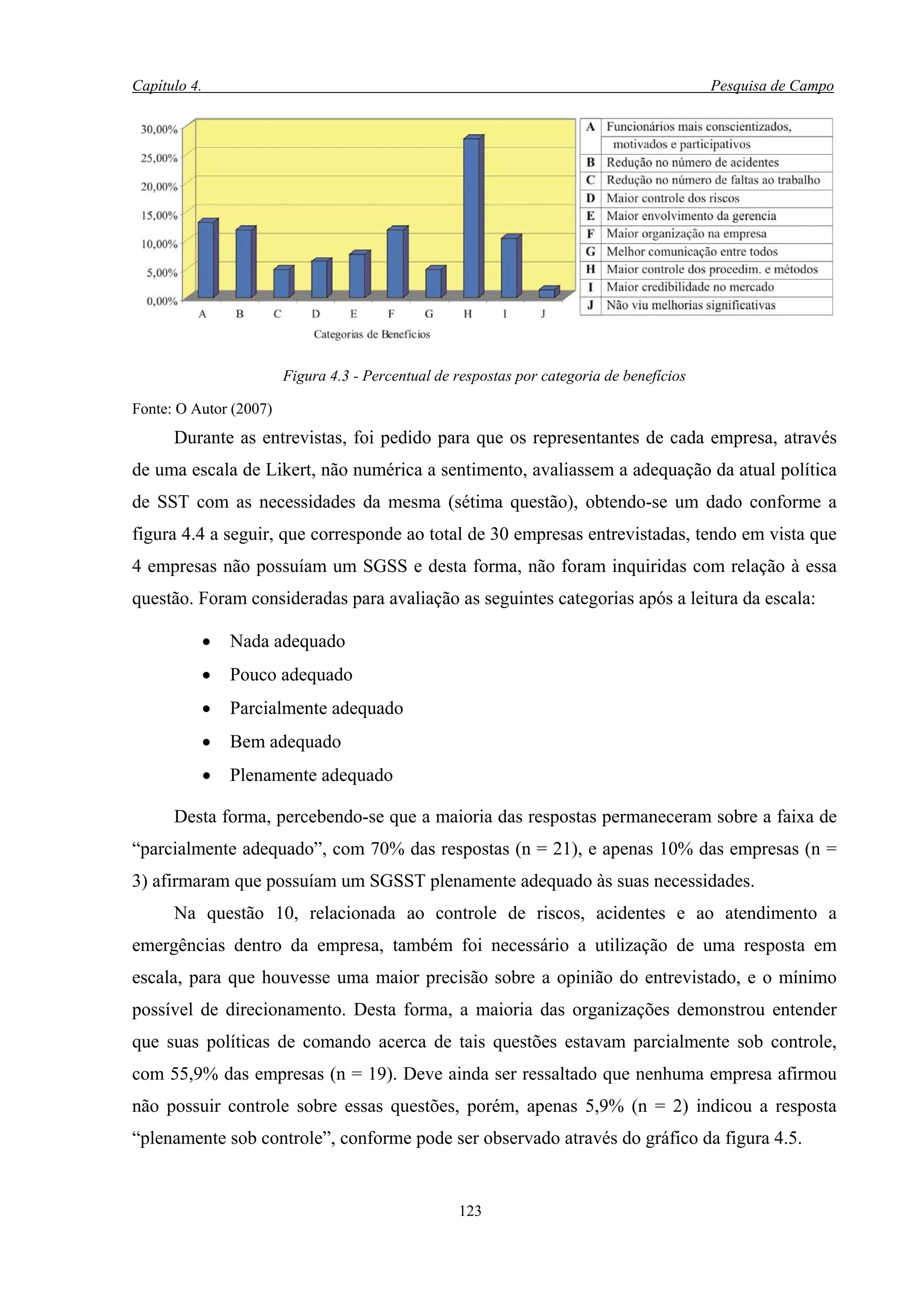 Capítulo 4.                                                                                Pesquisa de Campo




                        Figura 4.3 - Percentual de respostas por categoria de benefícios

Fonte: O Autor (2007)
      Durante as entrevistas, foi pedido para que os representantes de cada empresa, através
de uma escala de Likert, não numérica a sentimento, avaliassem a adequação da atual política
de SST com as necessidades da mesma (sétima questão), obtendo-se um dado conforme a
figura 4.4 a seguir, que corresponde ao total de 30 empresas entrevistadas, tendo em vista que
4 empresas não possuíam um SGSS e desta forma, não foram inquiridas com relação à essa
questão. Foram consideradas para avaliação as seguintes categorias após a leitura da escala:

          •       Nada adequado
          •       Pouco adequado
          •       Parcialmente adequado
          •       Bem adequado
              •   Plenamente adequado

      Desta forma, percebendo-se que a maioria das respostas permaneceram sobre a faixa de
“parcialmente adequado”, com 70% das respostas (n = 21), e apenas 10% das empresas (n =
3) afirmaram que possuíam um SGSST plenamente adequado às suas necessidades.
      Na questão 10, relacionada ao controle de riscos, acidentes e ao atendimento a
emergências dentro da empresa, também foi necessário a utilização de uma resposta em
escala, para que houvesse uma maior precisão sobre a opinião do entrevistado, e o mínimo
possível de direcionamento. Desta forma, a maioria das organizações demonstrou entender
que suas políticas de comando acerca de tais questões estavam parcialmente sob controle,
com 55,9% das empresas (n = 19). Deve ainda ser ressaltado que nenhuma empresa afirmou
não possuir controle sobre essas questões, porém, apenas 5,9% (n = 2) indicou a resposta
“plenamente sob controle”, conforme pode ser observado através do gráfico da figura 4.5.


                                                   123
 