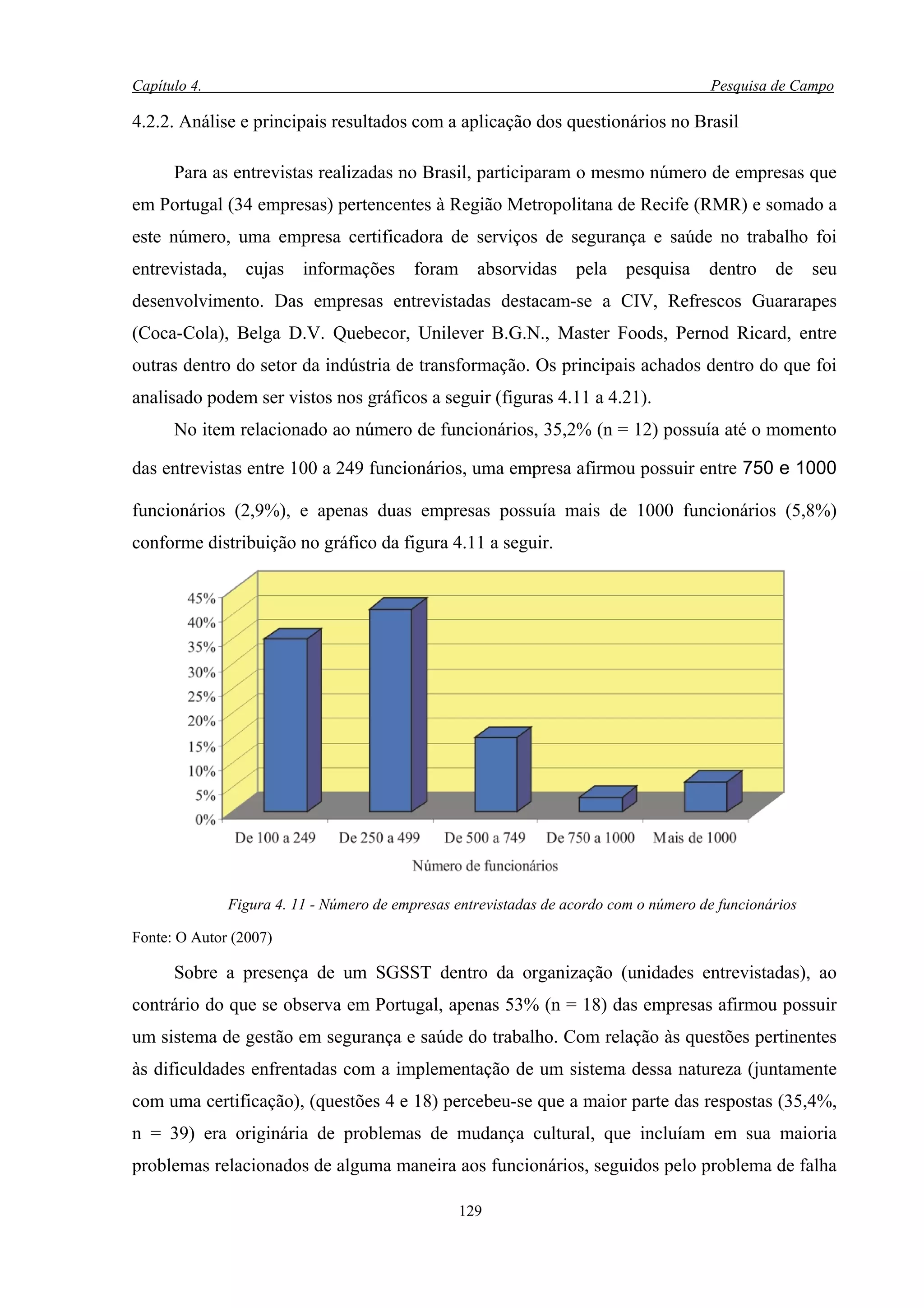 Capítulo 4.                                                                             Pesquisa de Campo

4.2.2. Análise e principais resultados com a aplicação dos questionários no Brasil

      Para as entrevistas realizadas no Brasil, participaram o mesmo número de empresas que
em Portugal (34 empresas) pertencentes à Região Metropolitana de Recife (RMR) e somado a
este número, uma empresa certificadora de serviços de segurança e saúde no trabalho foi
entrevistada,     cujas    informações      foram     absorvidas    pela    pesquisa    dentro    de     seu
desenvolvimento. Das empresas entrevistadas destacam-se a CIV, Refrescos Guararapes
(Coca-Cola), Belga D.V. Quebecor, Unilever B.G.N., Master Foods, Pernod Ricard, entre
outras dentro do setor da indústria de transformação. Os principais achados dentro do que foi
analisado podem ser vistos nos gráficos a seguir (figuras 4.11 a 4.21).
      No item relacionado ao número de funcionários, 35,2% (n = 12) possuía até o momento

das entrevistas entre 100 a 249 funcionários, uma empresa afirmou possuir entre 750 e 1000

funcionários (2,9%), e apenas duas empresas possuía mais de 1000 funcionários (5,8%)
conforme distribuição no gráfico da figura 4.11 a seguir.




                Figura 4. 11 - Número de empresas entrevistadas de acordo com o número de funcionários

Fonte: O Autor (2007)

      Sobre a presença de um SGSST dentro da organização (unidades entrevistadas), ao
contrário do que se observa em Portugal, apenas 53% (n = 18) das empresas afirmou possuir
um sistema de gestão em segurança e saúde do trabalho. Com relação às questões pertinentes
às dificuldades enfrentadas com a implementação de um sistema dessa natureza (juntamente
com uma certificação), (questões 4 e 18) percebeu-se que a maior parte das respostas (35,4%,
n = 39) era originária de problemas de mudança cultural, que incluíam em sua maioria
problemas relacionados de alguma maneira aos funcionários, seguidos pelo problema de falha

                                                    129
 