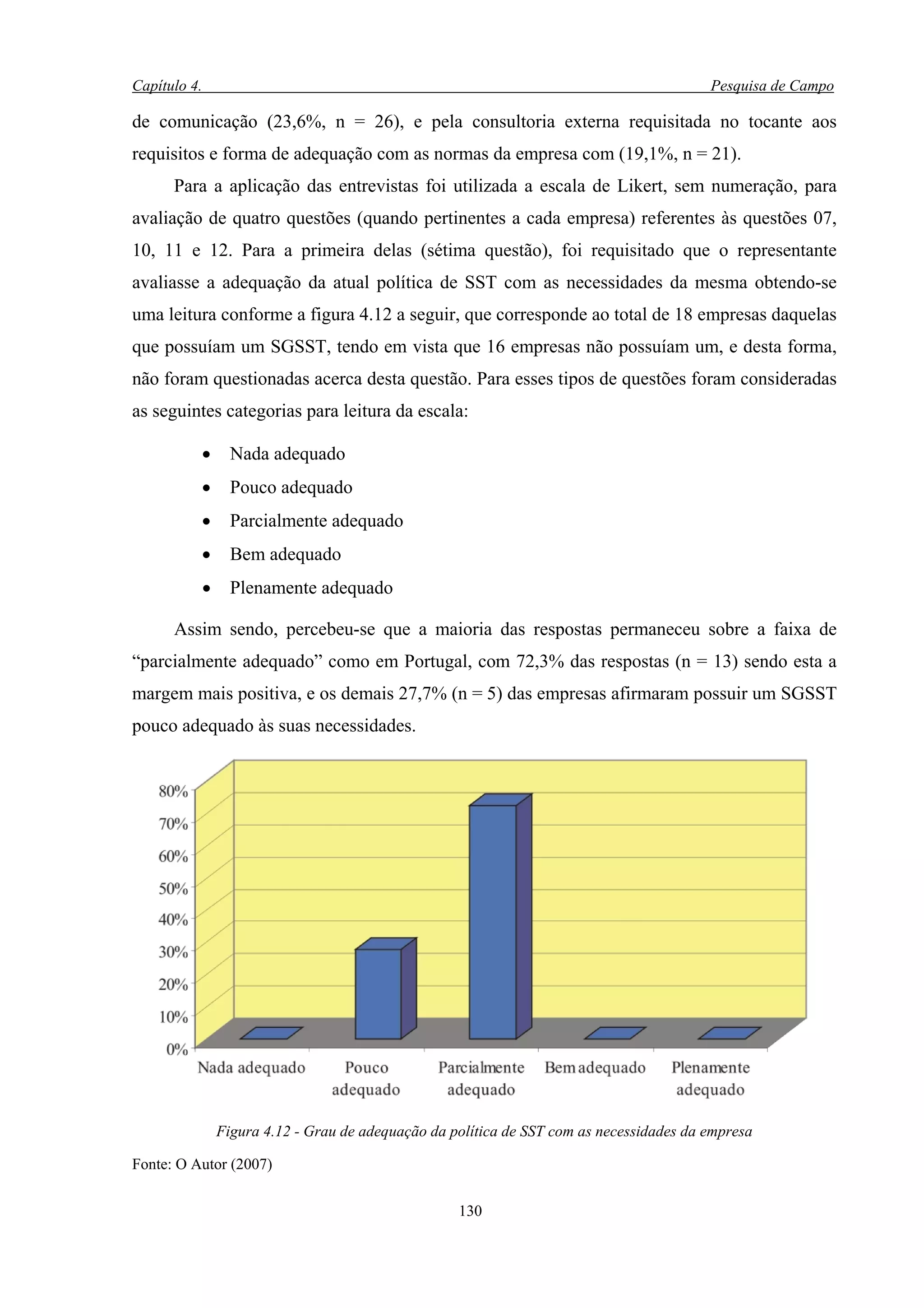 Capítulo 4.                                                                                 Pesquisa de Campo

de comunicação (23,6%, n = 26), e pela consultoria externa requisitada no tocante aos
requisitos e forma de adequação com as normas da empresa com (19,1%, n = 21).
      Para a aplicação das entrevistas foi utilizada a escala de Likert, sem numeração, para
avaliação de quatro questões (quando pertinentes a cada empresa) referentes às questões 07,
10, 11 e 12. Para a primeira delas (sétima questão), foi requisitado que o representante
avaliasse a adequação da atual política de SST com as necessidades da mesma obtendo-se
uma leitura conforme a figura 4.12 a seguir, que corresponde ao total de 18 empresas daquelas
que possuíam um SGSST, tendo em vista que 16 empresas não possuíam um, e desta forma,
não foram questionadas acerca desta questão. Para esses tipos de questões foram consideradas
as seguintes categorias para leitura da escala:

          •         Nada adequado
          •         Pouco adequado
          •         Parcialmente adequado
          •         Bem adequado
              •     Plenamente adequado

      Assim sendo, percebeu-se que a maioria das respostas permaneceu sobre a faixa de
“parcialmente adequado” como em Portugal, com 72,3% das respostas (n = 13) sendo esta a
margem mais positiva, e os demais 27,7% (n = 5) das empresas afirmaram possuir um SGSST
pouco adequado às suas necessidades.




                  Figura 4.12 - Grau de adequação da política de SST com as necessidades da empresa

Fonte: O Autor (2007)


                                                      130
 