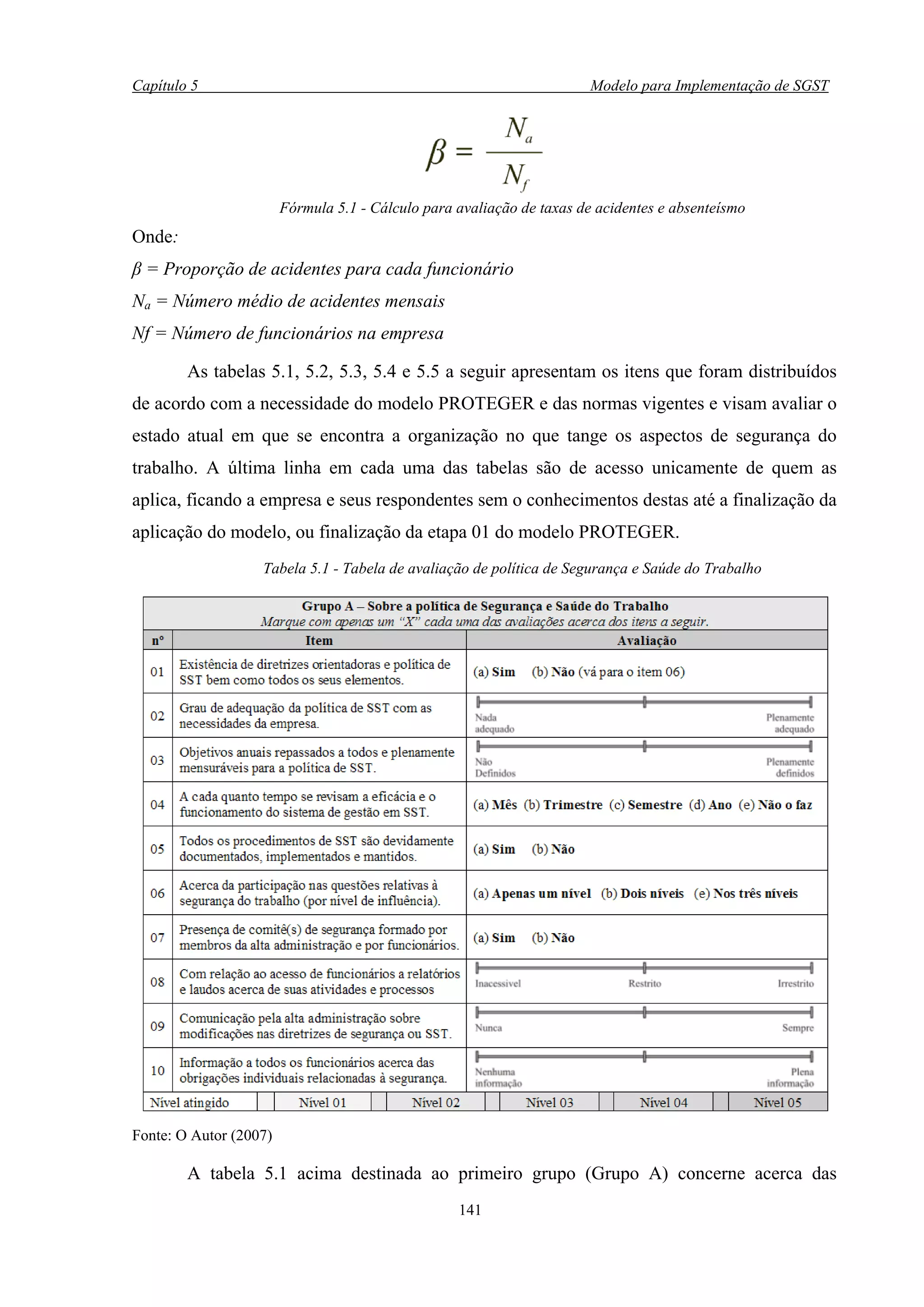 Capítulo 5                                                              Modelo para Implementação de SGST




                        Fórmula 5.1 - Cálculo para avaliação de taxas de acidentes e absenteísmo
Onde:
β = Proporção de acidentes para cada funcionário
Na = Número médio de acidentes mensais
Nf = Número de funcionários na empresa

        As tabelas 5.1, 5.2, 5.3, 5.4 e 5.5 a seguir apresentam os itens que foram distribuídos
de acordo com a necessidade do modelo PROTEGER e das normas vigentes e visam avaliar o
estado atual em que se encontra a organização no que tange os aspectos de segurança do
trabalho. A última linha em cada uma das tabelas são de acesso unicamente de quem as
aplica, ficando a empresa e seus respondentes sem o conhecimentos destas até a finalização da
aplicação do modelo, ou finalização da etapa 01 do modelo PROTEGER.
                   Tabela 5.1 - Tabela de avaliação de política de Segurança e Saúde do Trabalho




Fonte: O Autor (2007)

        A tabela 5.1 acima destinada ao primeiro grupo (Grupo A) concerne acerca das
                                                   141
 