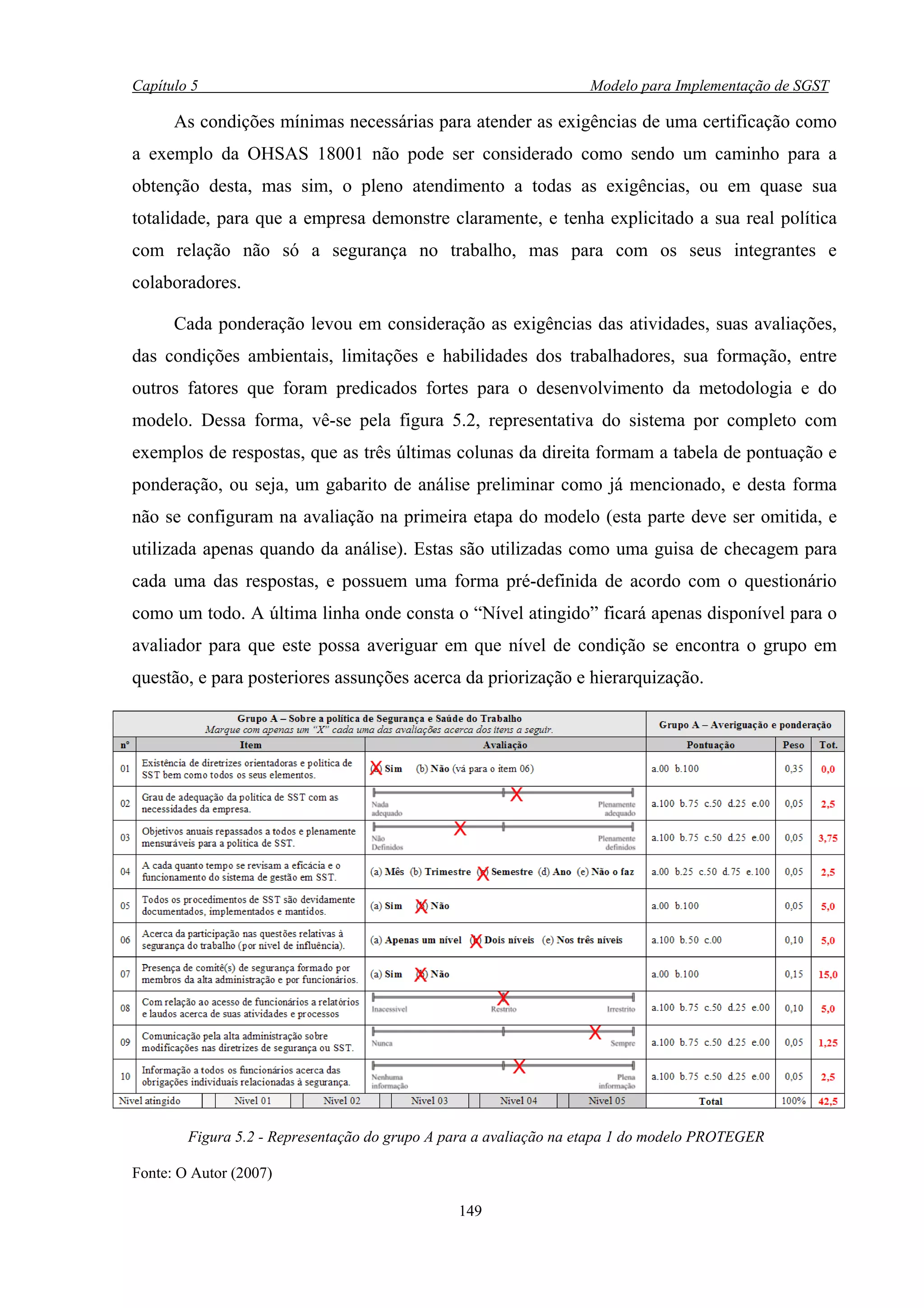 Capítulo 5                                                        Modelo para Implementação de SGST

      As condições mínimas necessárias para atender as exigências de uma certificação como
a exemplo da OHSAS 18001 não pode ser considerado como sendo um caminho para a
obtenção desta, mas sim, o pleno atendimento a todas as exigências, ou em quase sua
totalidade, para que a empresa demonstre claramente, e tenha explicitado a sua real política
com relação não só a segurança no trabalho, mas para com os seus integrantes e
colaboradores.

      Cada ponderação levou em consideração as exigências das atividades, suas avaliações,
das condições ambientais, limitações e habilidades dos trabalhadores, sua formação, entre
outros fatores que foram predicados fortes para o desenvolvimento da metodologia e do
modelo. Dessa forma, vê-se pela figura 5.2, representativa do sistema por completo com
exemplos de respostas, que as três últimas colunas da direita formam a tabela de pontuação e
ponderação, ou seja, um gabarito de análise preliminar como já mencionado, e desta forma
não se configuram na avaliação na primeira etapa do modelo (esta parte deve ser omitida, e
utilizada apenas quando da análise). Estas são utilizadas como uma guisa de checagem para
cada uma das respostas, e possuem uma forma pré-definida de acordo com o questionário
como um todo. A última linha onde consta o “Nível atingido” ficará apenas disponível para o
avaliador para que este possa averiguar em que nível de condição se encontra o grupo em
questão, e para posteriores assunções acerca da priorização e hierarquização.




        Figura 5.2 - Representação do grupo A para a avaliação na etapa 1 do modelo PROTEGER

Fonte: O Autor (2007)

                                               149
 