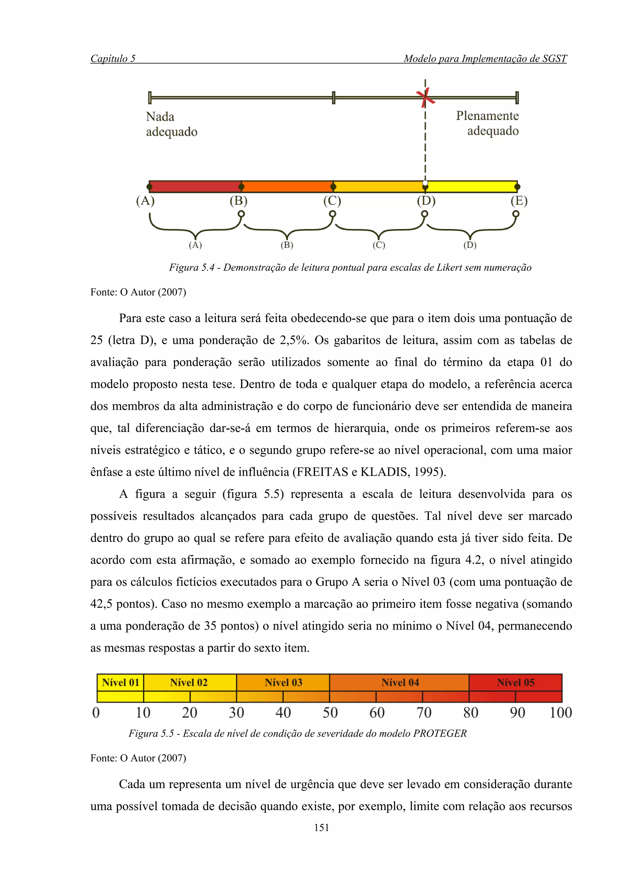 Capítulo 5                                                           Modelo para Implementação de SGST




                 Figura 5.4 - Demonstração de leitura pontual para escalas de Likert sem numeração

Fonte: O Autor (2007)

      Para este caso a leitura será feita obedecendo-se que para o item dois uma pontuação de
25 (letra D), e uma ponderação de 2,5%. Os gabaritos de leitura, assim com as tabelas de
avaliação para ponderação serão utilizados somente ao final do término da etapa 01 do
modelo proposto nesta tese. Dentro de toda e qualquer etapa do modelo, a referência acerca
dos membros da alta administração e do corpo de funcionário deve ser entendida de maneira
que, tal diferenciação dar-se-á em termos de hierarquia, onde os primeiros referem-se aos
níveis estratégico e tático, e o segundo grupo refere-se ao nível operacional, com uma maior
ênfase a este último nível de influência (FREITAS e KLADIS, 1995).
      A figura a seguir (figura 5.5) representa a escala de leitura desenvolvida para os
possíveis resultados alcançados para cada grupo de questões. Tal nível deve ser marcado
dentro do grupo ao qual se refere para efeito de avaliação quando esta já tiver sido feita. De
acordo com esta afirmação, e somado ao exemplo fornecido na figura 4.2, o nível atingido
para os cálculos fictícios executados para o Grupo A seria o Nível 03 (com uma pontuação de
42,5 pontos). Caso no mesmo exemplo a marcação ao primeiro item fosse negativa (somando
a uma ponderação de 35 pontos) o nível atingido seria no mínimo o Nível 04, permanecendo
as mesmas respostas a partir do sexto item.




        Figura 5.5 - Escala de nível de condição de severidade do modelo PROTEGER

Fonte: O Autor (2007)

      Cada um representa um nível de urgência que deve ser levado em consideração durante
uma possível tomada de decisão quando existe, por exemplo, limite com relação aos recursos
                                                 151
 