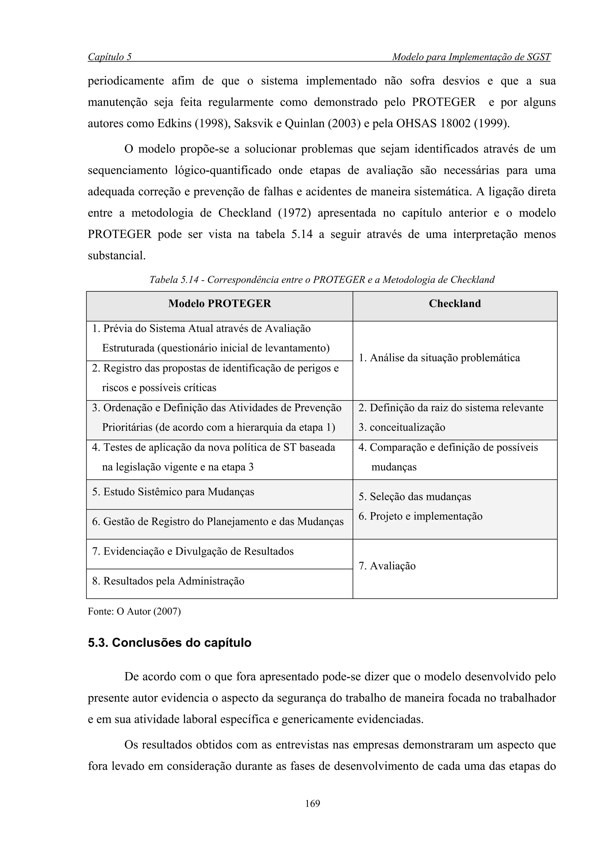 Capítulo 5                                                         Modelo para Implementação de SGST

periodicamente afim de que o sistema implementado não sofra desvios e que a sua
manutenção seja feita regularmente como demonstrado pelo PROTEGER                        e por alguns
autores como Edkins (1998), Saksvik e Quinlan (2003) e pela OHSAS 18002 (1999).

        O modelo propõe-se a solucionar problemas que sejam identificados através de um
sequenciamento lógico-quantificado onde etapas de avaliação são necessárias para uma
adequada correção e prevenção de falhas e acidentes de maneira sistemática. A ligação direta
entre a metodologia de Checkland (1972) apresentada no capítulo anterior e o modelo
PROTEGER pode ser vista na tabela 5.14 a seguir através de uma interpretação menos
substancial.
               Tabela 5.14 - Correspondência entre o PROTEGER e a Metodologia de Checkland

                   Modelo PROTEGER                                         Checkland

1. Prévia do Sistema Atual através de Avaliação
   Estruturada (questionário inicial de levantamento)
                                                            1. Análise da situação problemática
2. Registro das propostas de identificação de perigos e
   riscos e possíveis críticas
3. Ordenação e Definição das Atividades de Prevenção        2. Definição da raiz do sistema relevante
   Prioritárias (de acordo com a hierarquia da etapa 1)     3. conceitualização
4. Testes de aplicação da nova política de ST baseada       4. Comparação e definição de possíveis
   na legislação vigente e na etapa 3                          mudanças

5. Estudo Sistêmico para Mudanças                           5. Seleção das mudanças

6. Gestão de Registro do Planejamento e das Mudanças        6. Projeto e implementação


7. Evidenciação e Divulgação de Resultados
                                                            7. Avaliação
8. Resultados pela Administração

Fonte: O Autor (2007)


5.3. Conclusões do capítulo

        De acordo com o que fora apresentado pode-se dizer que o modelo desenvolvido pelo
presente autor evidencia o aspecto da segurança do trabalho de maneira focada no trabalhador
e em sua atividade laboral específica e genericamente evidenciadas.

        Os resultados obtidos com as entrevistas nas empresas demonstraram um aspecto que
fora levado em consideração durante as fases de desenvolvimento de cada uma das etapas do

                                                169
 