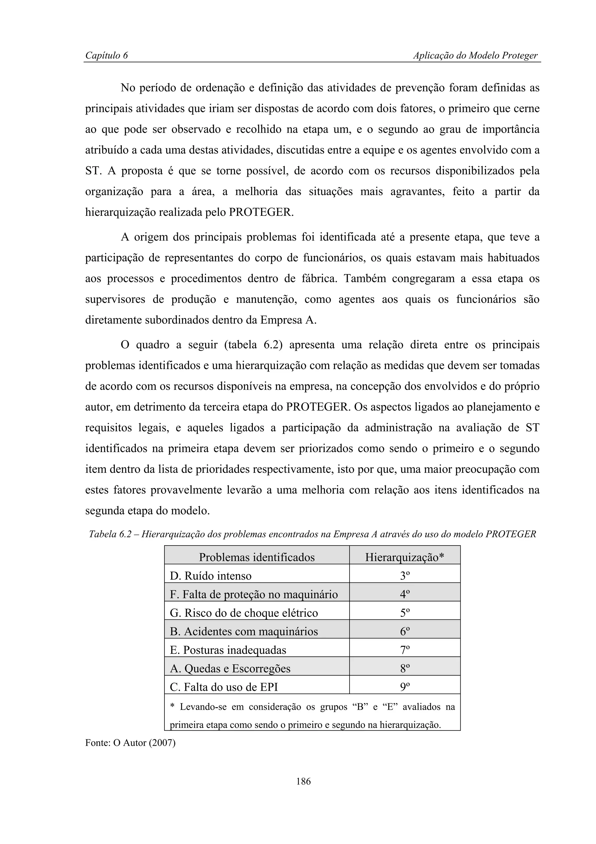 Capítulo 6                                                                     Aplicação do Modelo Proteger


        No período de ordenação e definição das atividades de prevenção foram definidas as
principais atividades que iriam ser dispostas de acordo com dois fatores, o primeiro que cerne
ao que pode ser observado e recolhido na etapa um, e o segundo ao grau de importância
atribuído a cada uma destas atividades, discutidas entre a equipe e os agentes envolvido com a
ST. A proposta é que se torne possível, de acordo com os recursos disponibilizados pela
organização para a área, a melhoria das situações mais agravantes, feito a partir da
hierarquização realizada pelo PROTEGER.

        A origem dos principais problemas foi identificada até a presente etapa, que teve a
participação de representantes do corpo de funcionários, os quais estavam mais habituados
aos processos e procedimentos dentro de fábrica. Também congregaram a essa etapa os
supervisores de produção e manutenção, como agentes aos quais os funcionários são
diretamente subordinados dentro da Empresa A.

        O quadro a seguir (tabela 6.2) apresenta uma relação direta entre os principais
problemas identificados e uma hierarquização com relação as medidas que devem ser tomadas
de acordo com os recursos disponíveis na empresa, na concepção dos envolvidos e do próprio
autor, em detrimento da terceira etapa do PROTEGER. Os aspectos ligados ao planejamento e
requisitos legais, e aqueles ligados a participação da administração na avaliação de ST
identificados na primeira etapa devem ser priorizados como sendo o primeiro e o segundo
item dentro da lista de prioridades respectivamente, isto por que, uma maior preocupação com
estes fatores provavelmente levarão a uma melhoria com relação aos itens identificados na
segunda etapa do modelo.
Tabela 6.2 – Hierarquização dos problemas encontrados na Empresa A através do uso do modelo PROTEGER

                         Problemas identificados                 Hierarquização*
                   D. Ruído intenso                                       3º
                   F. Falta de proteção no maquinário                     4º
                   G. Risco do de choque elétrico                         5º
                   B. Acidentes com maquinários                           6º
                   E. Posturas inadequadas                                7º
                   A. Quedas e Escorregões                                8º
                   C. Falta do uso de EPI                                 9º
                   * Levando-se em consideração os grupos “B” e “E” avaliados na
                   primeira etapa como sendo o primeiro e segundo na hierarquização.
Fonte: O Autor (2007)


                                                 186
 
