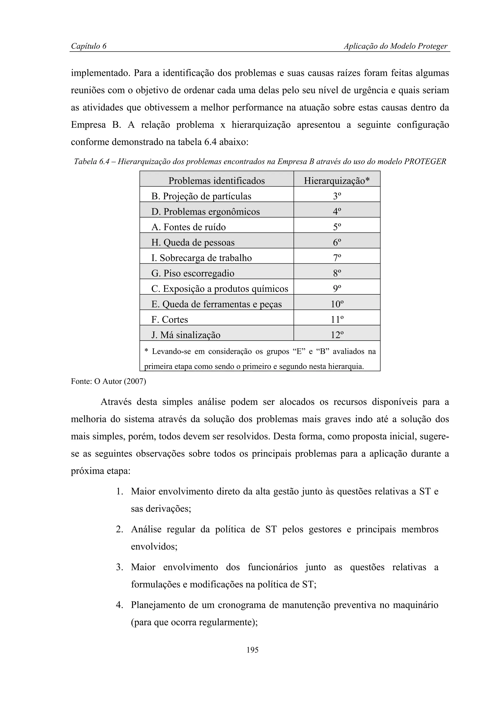 Capítulo 6                                                                      Aplicação do Modelo Proteger


implementado. Para a identificação dos problemas e suas causas raízes foram feitas algumas
reuniões com o objetivo de ordenar cada uma delas pelo seu nível de urgência e quais seriam
as atividades que obtivessem a melhor performance na atuação sobre estas causas dentro da
Empresa B. A relação problema x hierarquização apresentou a seguinte configuração
conforme demonstrado na tabela 6.4 abaixo:
Tabela 6.4 – Hierarquização dos problemas encontrados na Empresa B através do uso do modelo PROTEGER

                            Problemas identificados               Hierarquização*
                        B. Projeção de partículas                         3º
                        D. Problemas ergonômicos                          4º
                        A. Fontes de ruído                                5º
                        H. Queda de pessoas                               6º
                        I. Sobrecarga de trabalho                         7º
                        G. Piso escorregadio                              8º
                        C. Exposição a produtos químicos                  9º
                        E. Queda de ferramentas e peças                   10º
                        F. Cortes                                         11º
                        J. Má sinalização                                 12º
                    * Levando-se em consideração os grupos “E” e “B” avaliados na
                    primeira etapa como sendo o primeiro e segundo nesta hierarquia.
Fonte: O Autor (2007)

        Através desta simples análise podem ser alocados os recursos disponíveis para a
melhoria do sistema através da solução dos problemas mais graves indo até a solução dos
mais simples, porém, todos devem ser resolvidos. Desta forma, como proposta inicial, sugere-
se as seguintes observações sobre todos os principais problemas para a aplicação durante a
próxima etapa:

             1. Maior envolvimento direto da alta gestão junto às questões relativas a ST e
                 sas derivações;

             2. Análise regular da política de ST pelos gestores e principais membros
                 envolvidos;

             3. Maior envolvimento dos funcionários junto as questões relativas a
                 formulações e modificações na política de ST;

             4. Planejamento de um cronograma de manutenção preventiva no maquinário
                 (para que ocorra regularmente);

                                                 195
 
