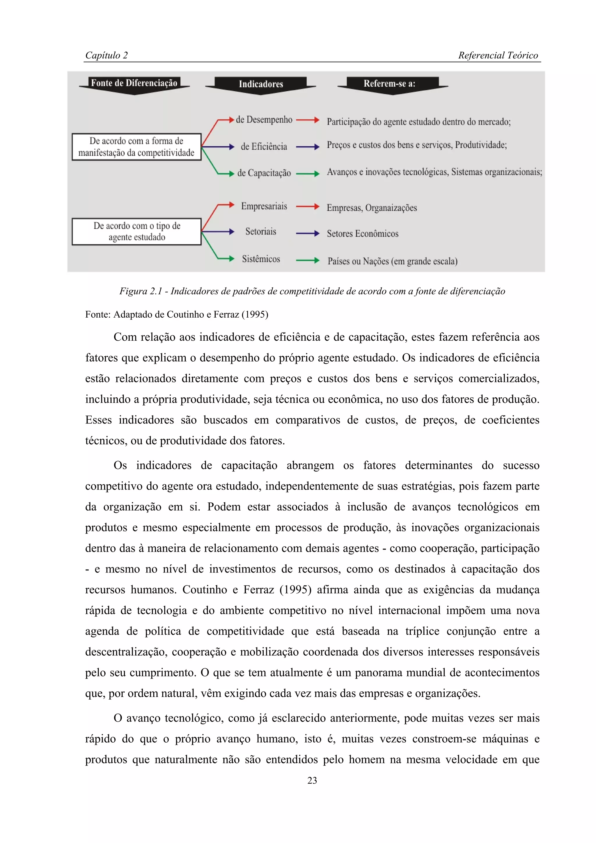 Capítulo 2                                                                               Referencial Teórico




        Figura 2.1 - Indicadores de padrões de competitividade de acordo com a fonte de diferenciação

Fonte: Adaptado de Coutinho e Ferraz (1995)

      Com relação aos indicadores de eficiência e de capacitação, estes fazem referência aos
fatores que explicam o desempenho do próprio agente estudado. Os indicadores de eficiência
estão relacionados diretamente com preços e custos dos bens e serviços comercializados,
incluindo a própria produtividade, seja técnica ou econômica, no uso dos fatores de produção.
Esses indicadores são buscados em comparativos de custos, de preços, de coeficientes
técnicos, ou de produtividade dos fatores.

      Os indicadores de capacitação abrangem os fatores determinantes do sucesso
competitivo do agente ora estudado, independentemente de suas estratégias, pois fazem parte
da organização em si. Podem estar associados à inclusão de avanços tecnológicos em
produtos e mesmo especialmente em processos de produção, às inovações organizacionais
dentro das à maneira de relacionamento com demais agentes - como cooperação, participação
- e mesmo no nível de investimentos de recursos, como os destinados à capacitação dos
recursos humanos. Coutinho e Ferraz (1995) afirma ainda que as exigências da mudança
rápida de tecnologia e do ambiente competitivo no nível internacional impõem uma nova
agenda de política de competitividade que está baseada na tríplice conjunção entre a
descentralização, cooperação e mobilização coordenada dos diversos interesses responsáveis
pelo seu cumprimento. O que se tem atualmente é um panorama mundial de acontecimentos
que, por ordem natural, vêm exigindo cada vez mais das empresas e organizações.

      O avanço tecnológico, como já esclarecido anteriormente, pode muitas vezes ser mais
rápido do que o próprio avanço humano, isto é, muitas vezes constroem-se máquinas e
produtos que naturalmente não são entendidos pelo homem na mesma velocidade em que
                                                     23
 