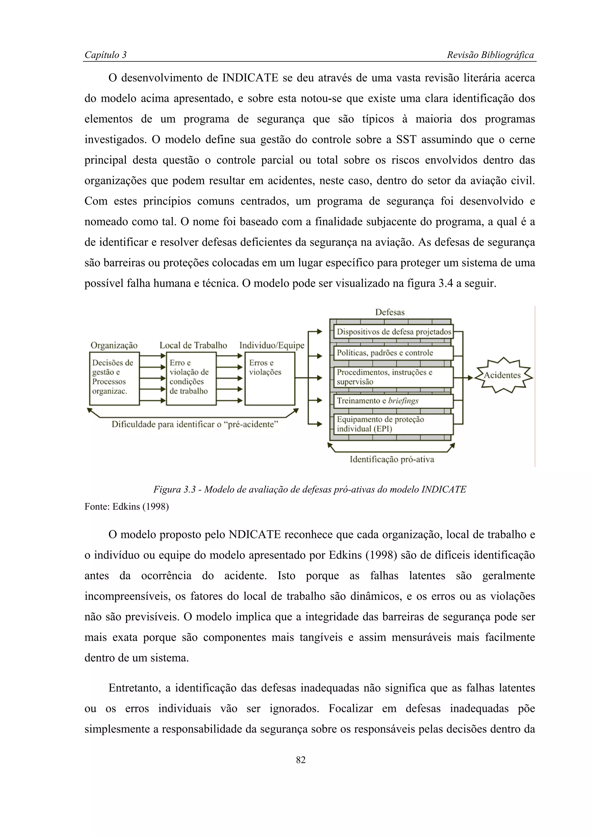 Capítulo 3                                                                          Revisão Bibliográfica

     O desenvolvimento de INDICATE se deu através de uma vasta revisão literária acerca
do modelo acima apresentado, e sobre esta notou-se que existe uma clara identificação dos
elementos de um programa de segurança que são típicos à maioria dos programas
investigados. O modelo define sua gestão do controle sobre a SST assumindo que o cerne
principal desta questão o controle parcial ou total sobre os riscos envolvidos dentro das
organizações que podem resultar em acidentes, neste caso, dentro do setor da aviação civil.
Com estes princípios comuns centrados, um programa de segurança foi desenvolvido e
nomeado como tal. O nome foi baseado com a finalidade subjacente do programa, a qual é a
de identificar e resolver defesas deficientes da segurança na aviação. As defesas de segurança
são barreiras ou proteções colocadas em um lugar específico para proteger um sistema de uma
possível falha humana e técnica. O modelo pode ser visualizado na figura 3.4 a seguir.




                Figura 3.3 - Modelo de avaliação de defesas pró-ativas do modelo INDICATE
Fonte: Edkins (1998)

     O modelo proposto pelo NDICATE reconhece que cada organização, local de trabalho e
o indivíduo ou equipe do modelo apresentado por Edkins (1998) são de difíceis identificação
antes da ocorrência do acidente. Isto porque as falhas latentes são geralmente
incompreensíveis, os fatores do local de trabalho são dinâmicos, e os erros ou as violações
não são previsíveis. O modelo implica que a integridade das barreiras de segurança pode ser
mais exata porque são componentes mais tangíveis e assim mensuráveis mais facilmente
dentro de um sistema.

     Entretanto, a identificação das defesas inadequadas não significa que as falhas latentes
ou os erros individuais vão ser ignorados. Focalizar em defesas inadequadas põe
simplesmente a responsabilidade da segurança sobre os responsáveis pelas decisões dentro da

                                                 82
 