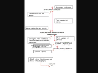 Letras maiúsculas, em
negrito.
Letras maiúsculas, em negrito.
Treze espaços em
branco.
Em negrito, entre parênteses
e apenas as letras iniciais são
maiúsculas.
O título inferior é posicionado nas
últimas linhas da página
Um espaço em branco.
Três espaços em
branco.
Alinhado à direita.
Um espaço.
Alinhado à direita.
 