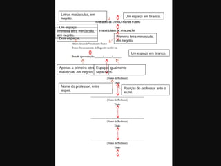 Letras maiúsculas, em
negrito.
Apenas a primeira letra
maiúscula, em negrito.
Um espaço.
Nome do professor, entre
aspas.
Um espaço em branco.
Posição do professor ante o
aluno.
Dois espaços.
Primeira letra minúscula,
em negrito. Primeira letra minúscula,
em negrito.
Um espaço em branco.
Espaços igualmente
separados.
 