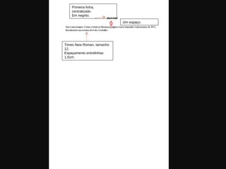 Um espaço.
Primeira linha,
centralizado.
Em negrito.
Times New Roman, tamanho
12.
Espaçamento entrelinhas
1,5cm.
 