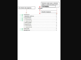Um espaço.
Quatro espaços.
Os títulos das páginas.
Número onde esta o referido
título e o inicio do texto que o
acompanha.
 