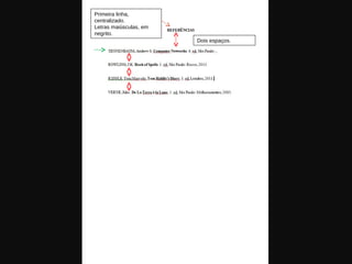 Primeira linha,
centralizado.
Letras maiúsculas, em
negrito.
Dois espaços.
 