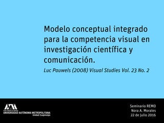 Seminario REMO
Nora A. Morales
22 de julio 2016
Modelo conceptual integrado
para la competencia visual en
investigación científica y
comunicación.
Luc Pauwels (2008) Visual Studies Vol. 23 No. 2
 