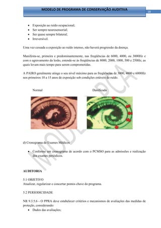 MODELO DE PROGRAMA DE CONSERVAÇÃO AUDITIVA
                                                                                             18 



       Exposição ao ruído ocupacional;
       Ser sempre neurosensorial;
       Ser quase sempre bilateral;
       Irreversível.

Uma vez cessada a exposição ao ruído intenso, não haverá progressão da doença.

Manifesta-se, primeira e predominantemente, nas freqüências de 6000, 4000, ou 3000Hz e
com o agravamento da lesão, estende-se às freqüências de 8000, 2000, 1000, 500 e 250Hz, as
quais levam mais tempo para serem comprometidas.

A PAIRO geralmente atinge o seu nível máximo para as freqüências de 3000, 4000 e 6000Hz
nos primeiros 10 a 15 anos de exposição sob condições estáveis de ruído.


        Normal                                      Danificada




d) Cronograma de Exames Médicos

     Conforme um cronograma de acordo com o PCMSO para as admissões e realização
      dos exames periódicos.



AUDITORIA

5.1 OBJETIVO
Atualizar, regularizar e concertar pontos chave do programa.

5.2 PERIODICIDADE

NR 9.3.5.6 - O PPRA deve estabelecer critérios e mecanismos de avaliações das medidas de
proteção, considerando:
     Dados das avaliações;

                                               
 