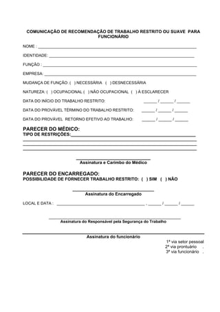 COMUNICAÇÃO DE RECOMENDAÇÃO DE TRABALHO RESTRITO OU SUAVE PARA
FUNCIONÁRIO
NOME : ________________________________________________________________________
IDENTIDADE: __________________________________________________________________
FUNÇÃO : ______________________________________________________________________
EMPRESA: _____________________________________________________________________
MUDANÇA DE FUNÇÃO: ( ) NECESSÁRIA ( ) DESNECESSÁRIA
NATUREZA: ( ) OCUPACIONAL ( ) NÃO OCUPACIONAL ( ) À ESCLARECER
DATA DO INÍCIO DO TRABALHO RESTRITO: ______ / ______ / ______
DATA DO PROVÁVEL TÉRMINO DO TRABALHO RESTRITO: ______ / ______ / ______
DATA DO PROVÁVEL RETORNO EFETIVO AO TRABALHO: ______ / ______ / ______
PARECER DO MÉDICO:
TIPO DE RESTRIÇÕES:____________________________________________________
_______________________________________________________________________________
_______________________________________________________________________________
_______________________________________________________________________________
_______________________________
Assinatura e Carimbo do Médico
PARECER DO ENCARREGADO:
POSSIBILIDADE DE FORNECER TRABALHO RESTRITO: ( ) SIM ( ) NÃO
__________________________________
Assinatura do Encarregado
LOCAL E DATA : ________________________________________ , ______ / ______ / ______
____________________________________________________________
Assinatura do Responsável pela Segurança do Trabalho
Assinatura do funcionário
1ª via setor pessoal
2ª via prontuário .
3ª via funcionário .
 