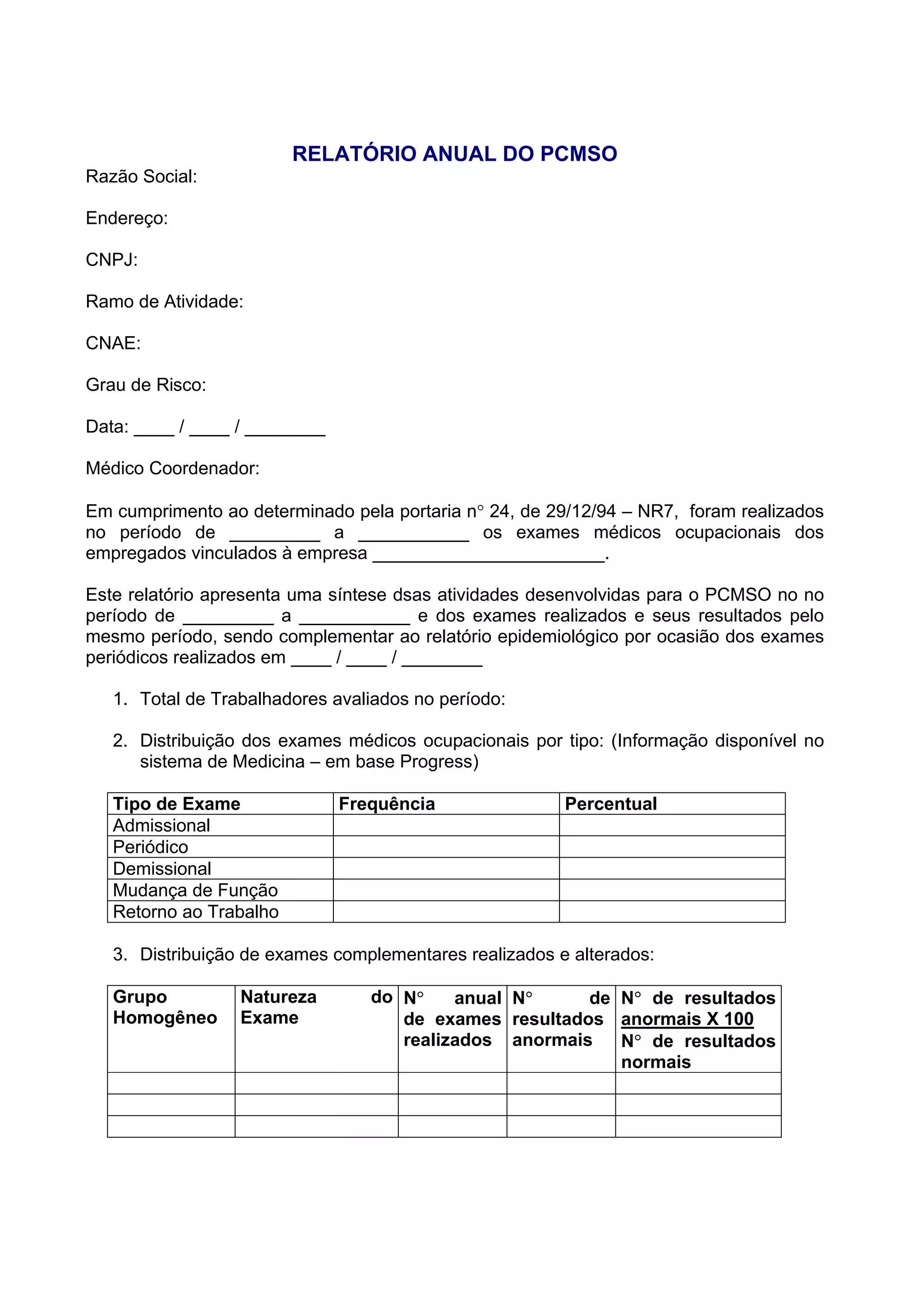 RELATÓRIO ANUAL DO PCMSO
Razão Social:
Endereço:
CNPJ:
Ramo de Atividade:
CNAE:
Grau de Risco:
Data: ____ / ____ / ________
Médico Coordenador:
Em cumprimento ao determinado pela portaria n° 24, de 29/12/94 – NR7, foram realizados
no período de _________ a ___________ os exames médicos ocupacionais dos
empregados vinculados à empresa _______________________.
Este relatório apresenta uma síntese dsas atividades desenvolvidas para o PCMSO no no
período de _________ a ___________ e dos exames realizados e seus resultados pelo
mesmo período, sendo complementar ao relatório epidemiológico por ocasião dos exames
periódicos realizados em ____ / ____ / ________
1. Total de Trabalhadores avaliados no período:
2. Distribuição dos exames médicos ocupacionais por tipo: (Informação disponível no
sistema de Medicina – em base Progress)
Tipo de Exame Frequência Percentual
Admissional
Periódico
Demissional
Mudança de Função
Retorno ao Trabalho
3. Distribuição de exames complementares realizados e alterados:
Grupo
Homogêneo
Natureza do
Exame
N° anual
de exames
realizados
N° de
resultados
anormais
N° de resultados
anormais X 100
N° de resultados
normais
 