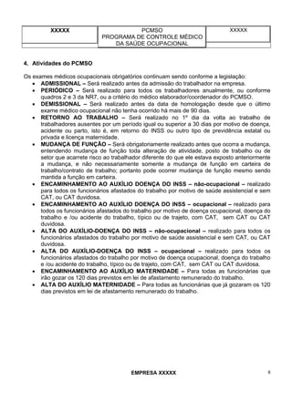 XXXXX PCMSO
PROGRAMA DE CONTROLE MÉDICO
DA SAÚDE OCUPACIONAL
XXXXX
EMPRESA XXXXX 6
4. Atividades do PCMSO
Os exames médicos ocupacionais obrigatórios continuam sendo conforme a legislação:
• ADMISSIONAL – Será realizado antes da admissão do trabalhador na empresa.
• PERIÓDICO – Será realizado para todos os trabalhadores anualmente, ou conforme
quadros 2 e 3 da NR7, ou a critério do médico elaborador/coordenador do PCMSO.
• DEMISSIONAL – Será realizado antes da data de homologação desde que o último
exame médico ocupacional não tenha ocorrido há mais de 90 dias.
• RETORNO AO TRABALHO – Será realizado no 1º dia da volta ao trabalho de
trabalhadores ausentes por um período igual ou superior a 30 dias por motivo de doença,
acidente ou parto, isto é, em retorno do INSS ou outro tipo de previdência estatal ou
privada e licença maternidade.
• MUDANÇA DE FUNÇÃO – Será obrigatoriamente realizado antes que ocorra a mudança,
entendendo mudança de função toda alteração de atividade, posto de trabalho ou de
setor que acarrete risco ao trabalhador diferente do que ele estava exposto anteriormente
a mudança, e não necessariamente somente a mudança de função em carteira de
trabalho/contrato de trabalho; portanto pode ocorrer mudança de função mesmo sendo
mantida a função em carteira.
• ENCAMINHAMENTO AO AUXÍLIO DOENÇA DO INSS – não-ocupacional – realizado
para todos os funcionários afastados do trabalho por motivo de saúde assistencial e sem
CAT, ou CAT duvidosa.
• ENCAMINHAMENTO AO AUXÍLIO DOENÇA DO INSS – ocupacional – realizado para
todos os funcionários afastados do trabalho por motivo de doença ocupacional, doença do
trabalho e /ou acidente do trabalho, típico ou de trajeto, com CAT, sem CAT ou CAT
duvidosa.
• ALTA DO AUXÍLIO-DOENÇA DO INSS – não-ocupacional – realizado para todos os
funcionários afastados do trabalho por motivo de saúde assistencial e sem CAT, ou CAT
duvidosa.
• ALTA DO AUXÍLIO-DOENÇA DO INSS – ocupacional – realizado para todos os
funcionários afastados do trabalho por motivo de doença ocupacional, doença do trabalho
e /ou acidente do trabalho, típico ou de trajeto, com CAT, sem CAT ou CAT duvidosa.
• ENCAMINHAMENTO AO AUXÍLIO MATERNIDADE – Para todas as funcionárias que
irão gozar os 120 dias previstos em lei de afastamento remunerado do trabalho.
• ALTA DO AUXÍLIO MATERNIDADE – Para todas as funcionárias que já gozaram os 120
dias previstos em lei de afastamento remunerado do trabalho.
 