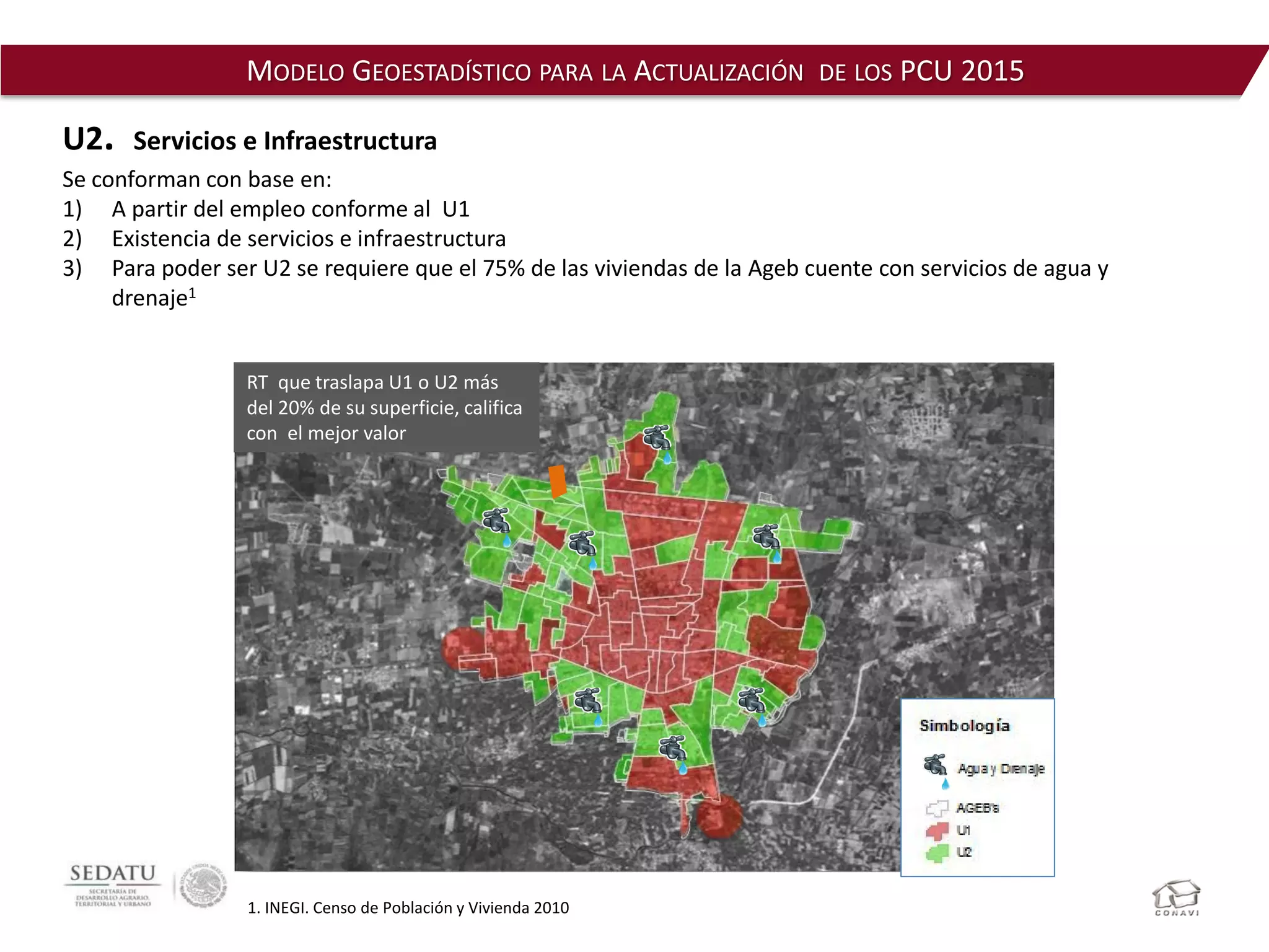 MODELO GEOESTADÍSTICO PARA LA ACTUALIZACIÓN DE LOS PCU 2015
U2. Servicios e Infraestructura
Se conforman con base en:
1) A partir del empleo conforme al U1
2) Existencia de servicios e infraestructura
3) Para poder ser U2 se requiere que el 75% de las viviendas de la Ageb cuente con servicios de agua y
drenaje1
1. INEGI. Censo de Población y Vivienda 2010
RT que traslapa U1 o U2 más
del 20% de su superficie, califica
con el mejor valor
 