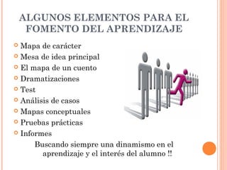 ALGUNOS ELEMENTOS PARA EL
     FOMENTO DEL APRENDIZAJE
 Mapa de carácter
 Mesa de idea principal

 El mapa de un cuento

 Dramatizaciones

 Test

 Análisis de casos

 Mapas conceptuales

 Pruebas prácticas

 Informes

      Buscando siempre una dinamismo en el
        aprendizaje y el interés del alumno !!
 