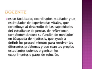  esun facilitador, coordinador, mediador y un
 estimulador de experiencias vitales, que
 contribuye al desarrollo de las capacidades
 del estudiante de pensar, de reflexionar,
 complementándose su función de mediador
 en búsqueda de hipótesis, que ayuda a
 definir los procedimientos para resolver los
 diferentes problemas y que sean los propios
 estudiantes quienes organicen los
 experimentos o pasos de solución.
 