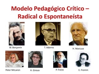 Modelo Pedagógico Crítico –
Radical o Espontaneísta
Peter McLaren H. Giroux P. Freire
T. Adorno H. Marcuse
E. Fromm
W. Benjamín
 