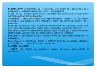 FORMACIÓN: Eje primordial de la Pedagogía. Es la misión de la educación y de la
enseñanza, al facilitar la formación personal (Humanización)
MAESTRO: Es ante todo la persona del encuentro y la confrontación. Es quien guía y
valora las acciones de los estudiantes
MODELOS          PEDAGÓGICOS: Son representaciones sintéticas de las teorías
pedagógicas que coexisten como paradigmas dentro del campo disciplinario de la
pedagogía.
EDUCACIÓN: Proceso social intersubjetivo mediante el cual la sociedad asimila a sus
nuevos miembros, según regla, pautas, valores, ideologías, tradiciones, prácticas.
ENSEÑANZA: Proceso intencional y planeado para facilitar que el individuo apropie
creativamente alguna porción de saber con miras a elevar su formación.
ESTUDIANTE: Es la persona que recibe del profesor o maestro el conocimiento, es
un receptor.
ESCUELA: Es el lugar físico donde el profesor transmite de manera sistemática
y acumulativa el conocimiento a sus estudiantes.
MEMORIZACIÓN:
TRANSMITIR: Acción que realiza el docente al pasarle conocimiento al
estudiante.
 