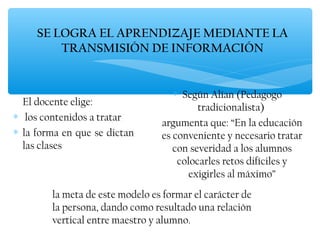 SE LOGRA EL APRENDIZAJE MEDIANTE LA
         TRANSMISIÓN DE INFORMACIÓN


                                    ∗ Según Alían (Pedagogo
  El docente elige:
                                          tradicionalista)
∗ los contenidos a tratar
                                 argumenta que: “En la educación
∗ la forma en que se dictan      es conveniente y necesario tratar
  las clases                        con severidad a los alumnos
                                     colocarles retos difíciles y
                                        exigirles al máximo”
        la meta de este modelo es formar el carácter de
        la persona, dando como resultado una relación
        vertical entre maestro y alumno.
 